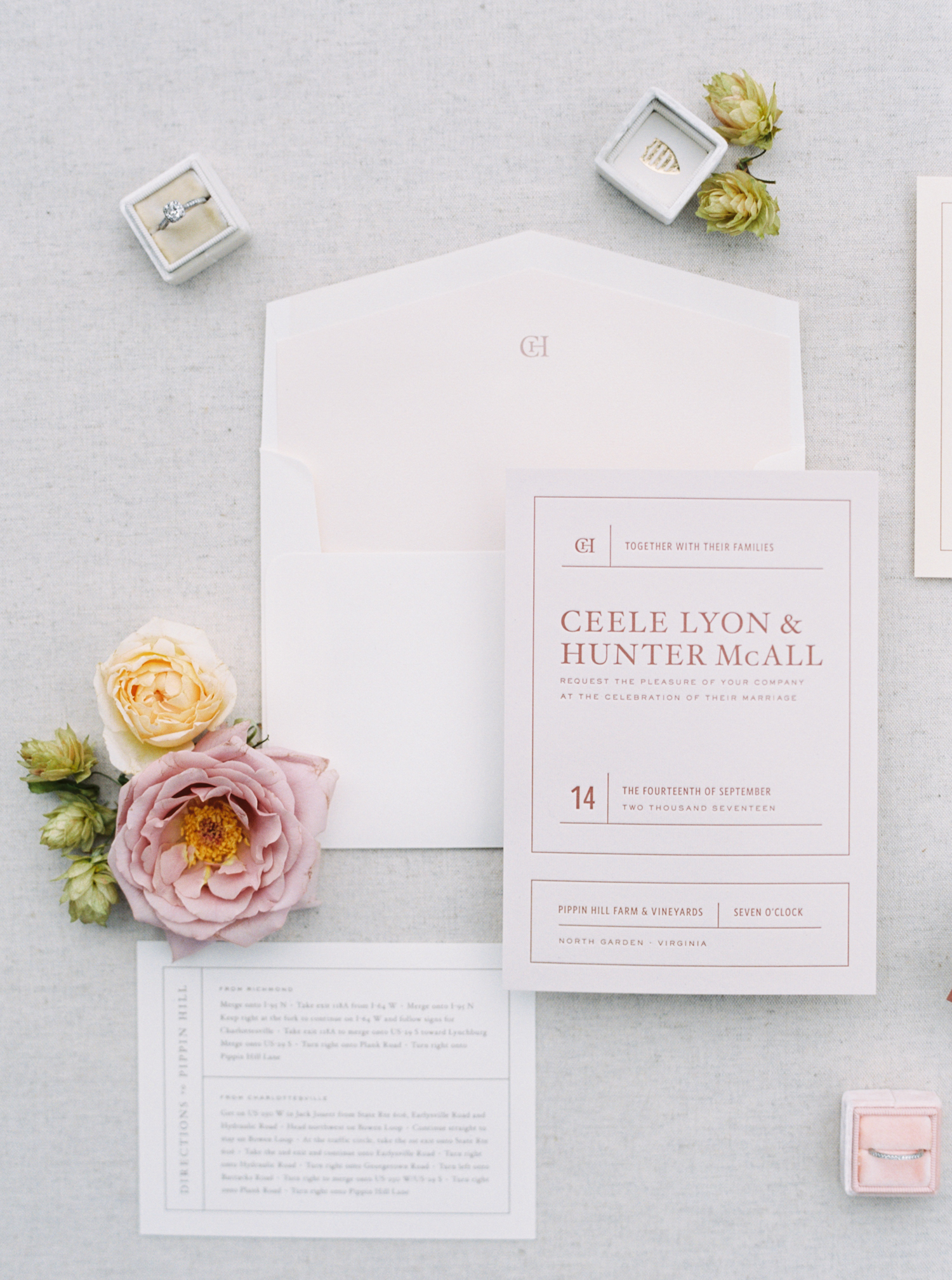 Pippin Hill Wedding Photos | Molly Carr Photography | Lauren Emerson Events | Pippin Hill Farm & Vineyard | Luxury Wedding Invitations | Cream and Rose Gold Wedding Invitation