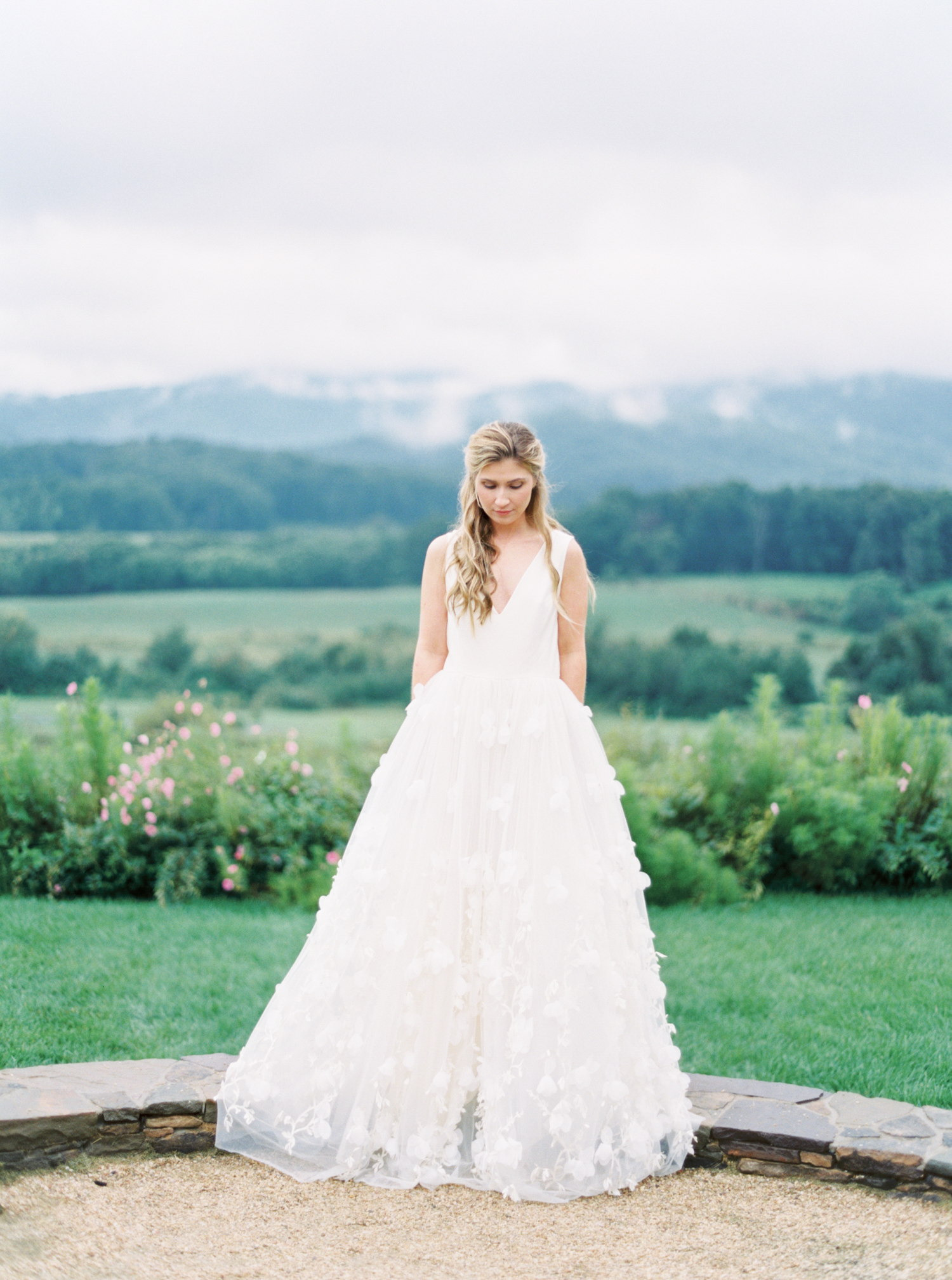 Pippin Hill Wedding Photos | Molly Carr Photography | Lauren Emerson Events | Pippin Hill Farm & Vineyard | Rime Arodaky Bride | Bride with Hair Down | Long Sleeve Lace Wedding Dress | Smiling Bride