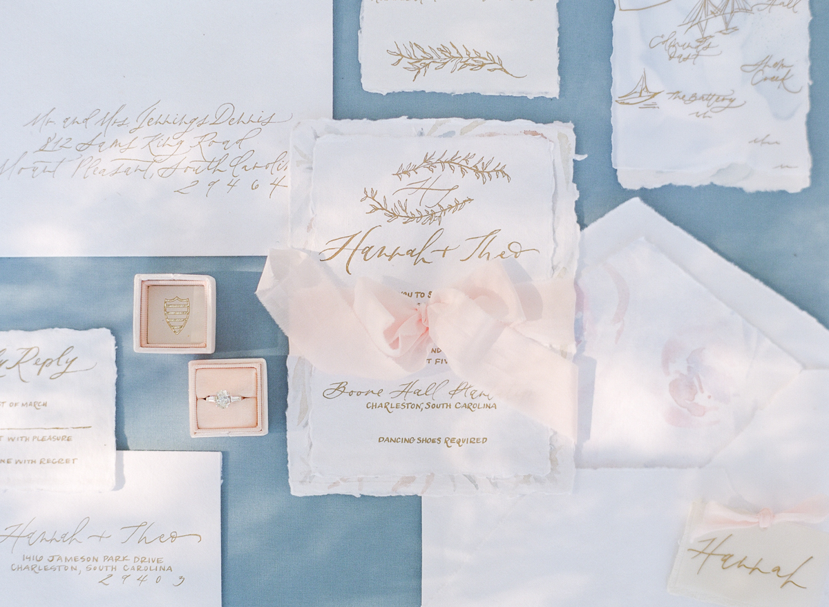 Boone Hall wedding photographer | Charleston, South Carolina | Calligraphy wedding invitation suite with pink bow | Watercolor wedding invitation | Wedding ring