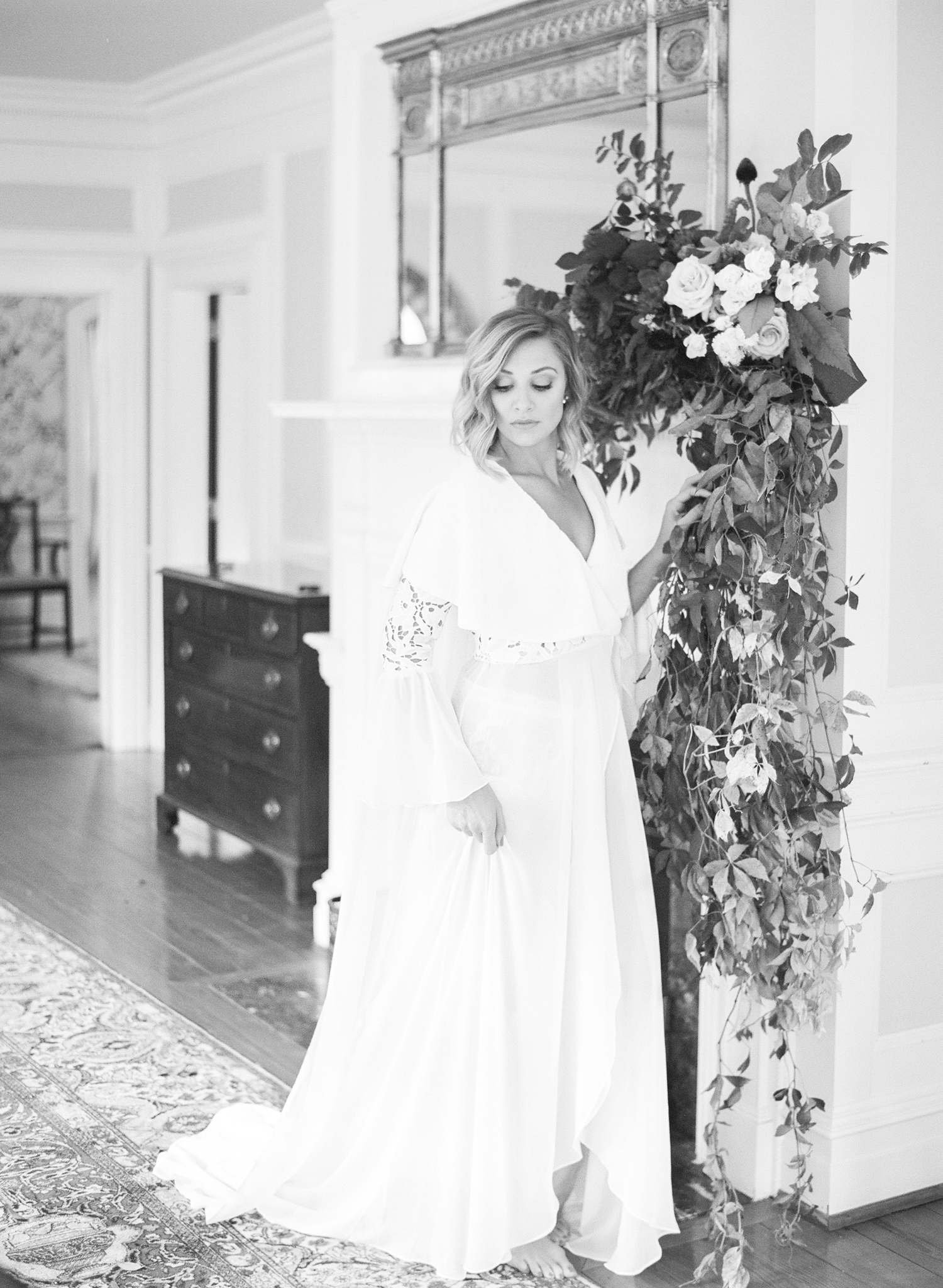 Legare Waring House Wedding Photography | Charleston Wedding Photographer | Charleston Film Photographer | Molly Carr Photography | The Petal Report | Emily Kotarski Bridal | Charleston Boudoir Photography | Bride Standing by Fireplace | Wedding Mantle Decor