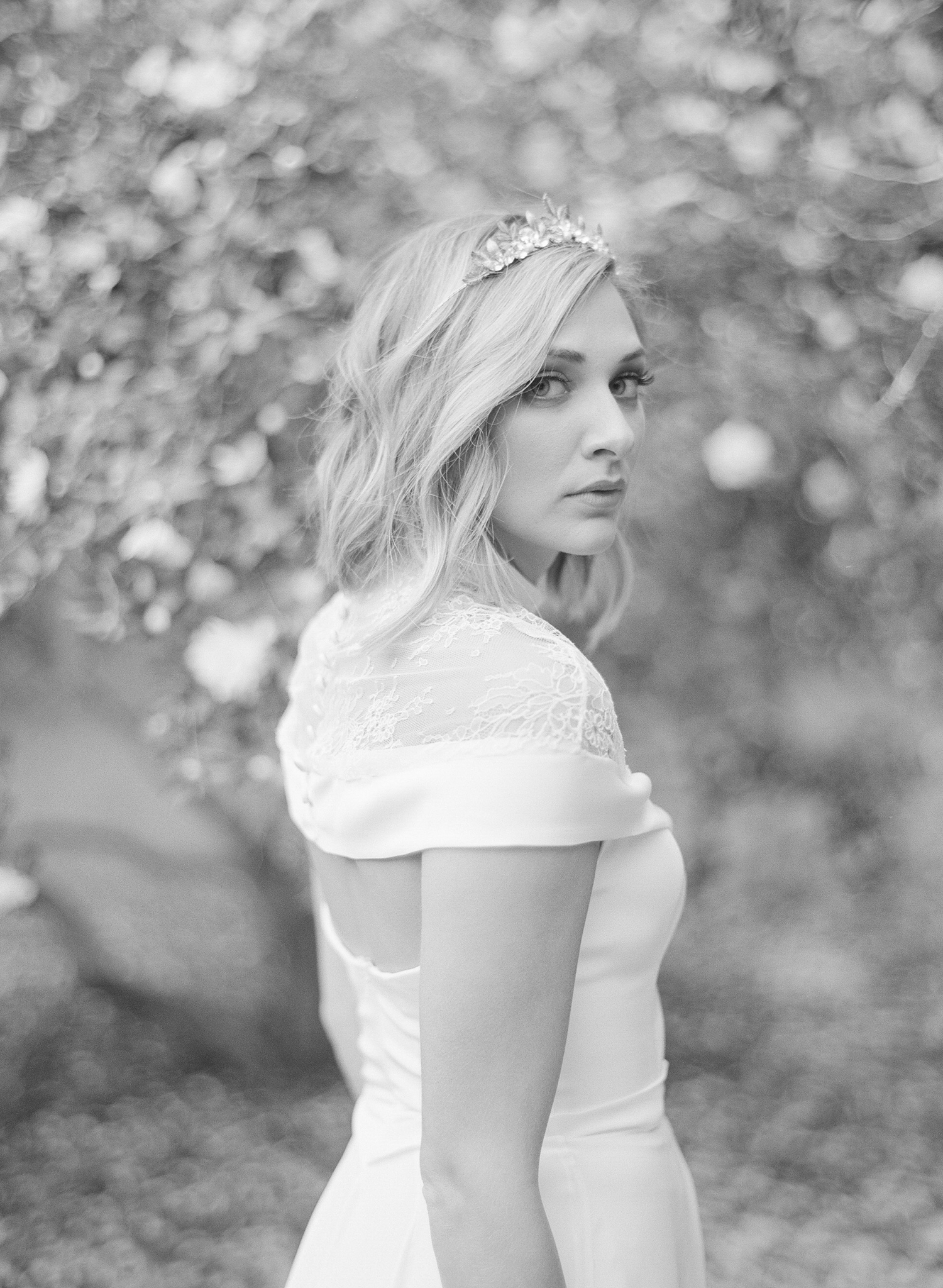 Legare Waring House Wedding Photography | Charleston Wedding Photographer | Charleston Film Photographer | Molly Carr Photography | The Petal Report | Black and White Photo of Bride with Crown and Capelet | Emily Kotarski Bridal