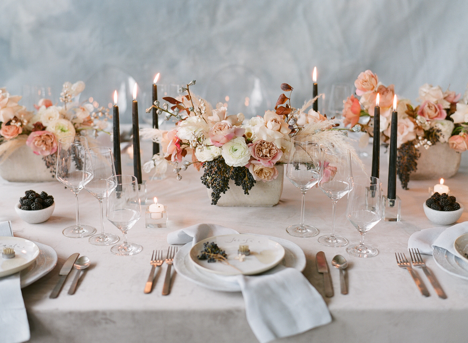 Fine Art Wedding Photographer Paris | Molly Carr Photography | Isibeal Studio | Tara Nicole Weddings | Wedding Table Design | Blush Velvet Tablecloth | Black Candlesticks | Wedding Decor 