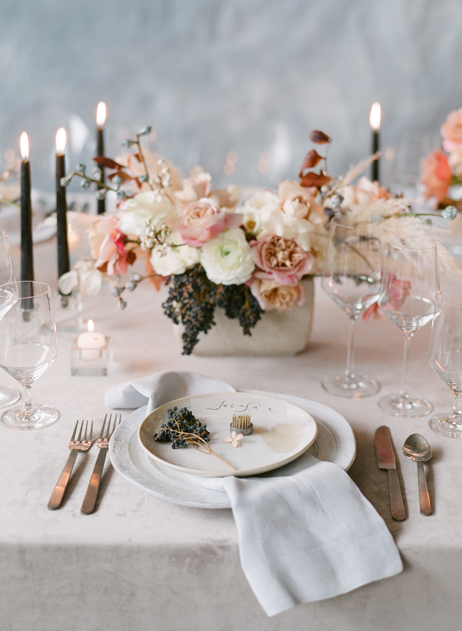 Fine Art Wedding Photographer Paris | Molly Carr Photography | Isibeal Studio | Tara Nicole Weddings | Wedding Table Design | Blush Velvet Tablecloth | Black Candlesticks | Wedding Decor 