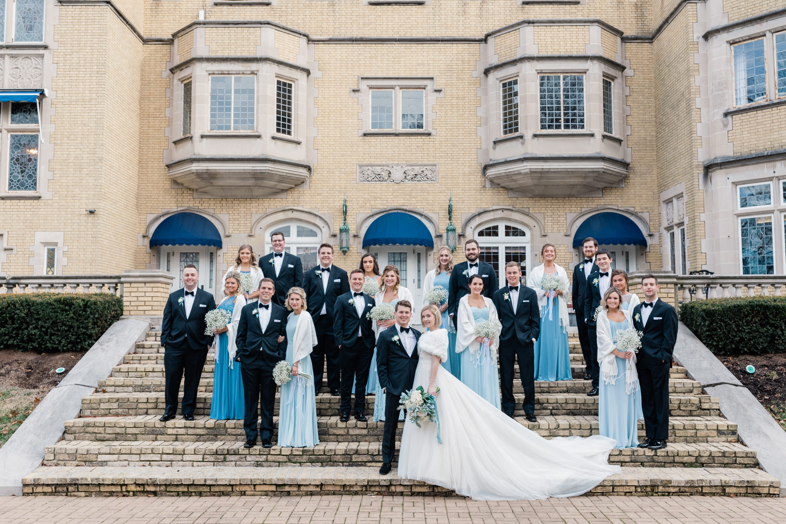 Laurel Hall Wedding Photographer | Estate Wedding Venue | Midwest Film Photographer | Large Bridal Party Steps