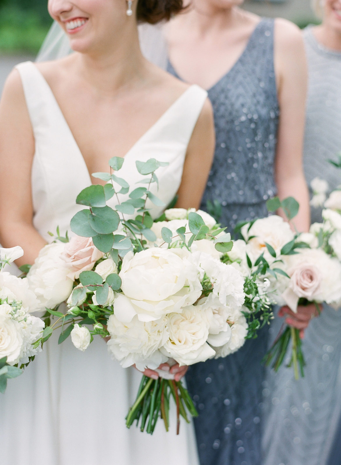 Ireland Film Photographer | Molly Carr Photography | Bride in White Jenny Yoo Dress and Bridesmaids in Grey Mismatched Bhldn Gowns with White Bridal Bouquets