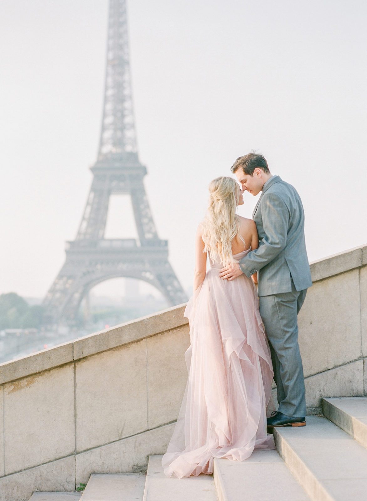 Paris Pre-Wedding Photographer | Film Photography France | Blush Wedding Dress | Molly Carr Photography | Jennifer Fox Weddings | Wedding Photos Eiffel Tower Trocadero