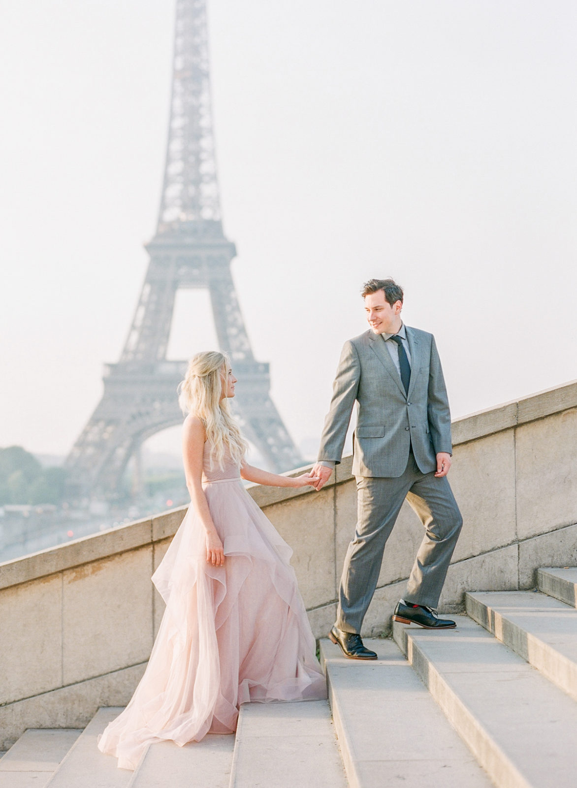 Paris Pre-Wedding Photographer | Film Photography France | Blush Wedding Dress | Molly Carr Photography | Jennifer Fox Weddings | Wedding Photos Eiffel Tower Trocadero