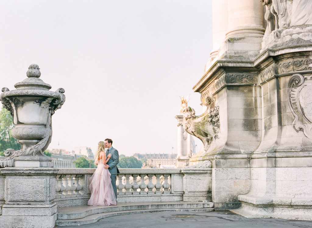 Paris Pre-Wedding Photographer | Film Photography France | Blush Wedding Dress | Molly Carr Photography | Jennifer Fox Weddings | Wedding Photos Pont Alexandre III
