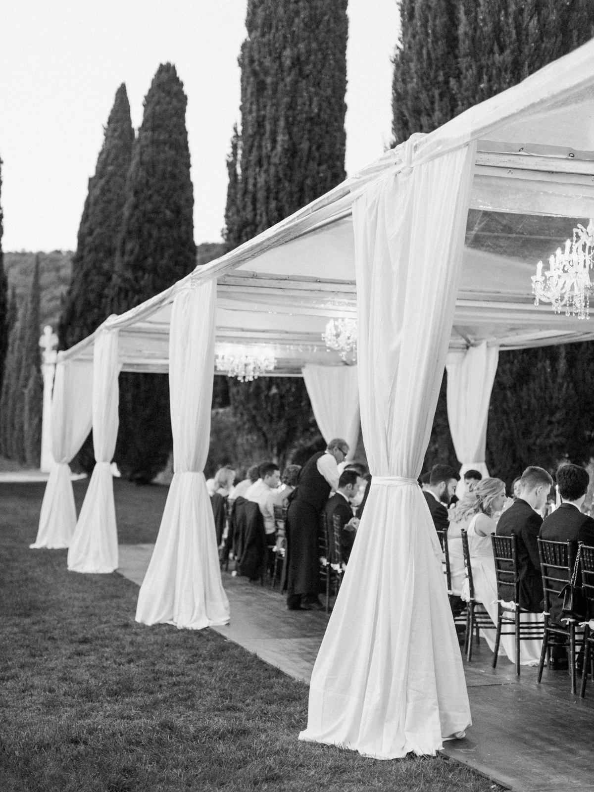 Villa Cetinale Wedding Photographer | Siena Wedding Venue | Tuscany Film Photographer | Italy Destination Wedding | Molly Carr Photography | White Wedding Reception Clear Tent Chandeliers