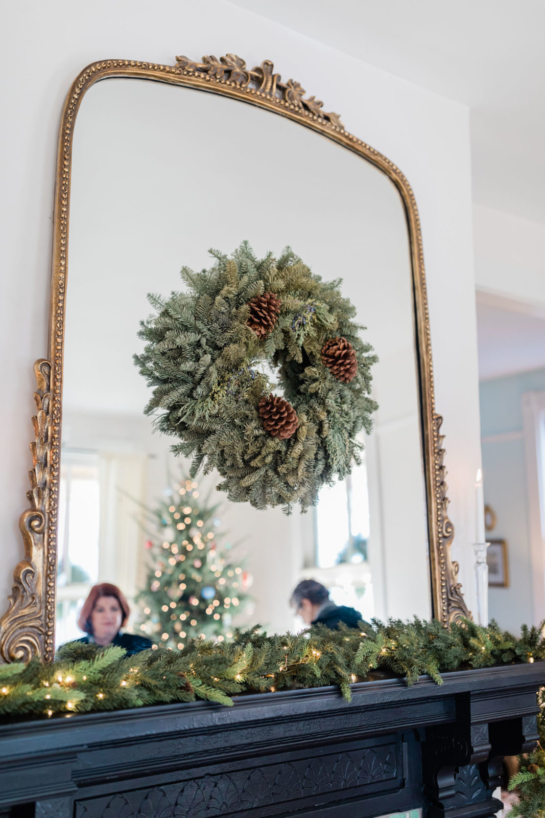 Molly Carr Christmas | Victorian Christmas Tree | Wreath on Gold Mirror with Garland