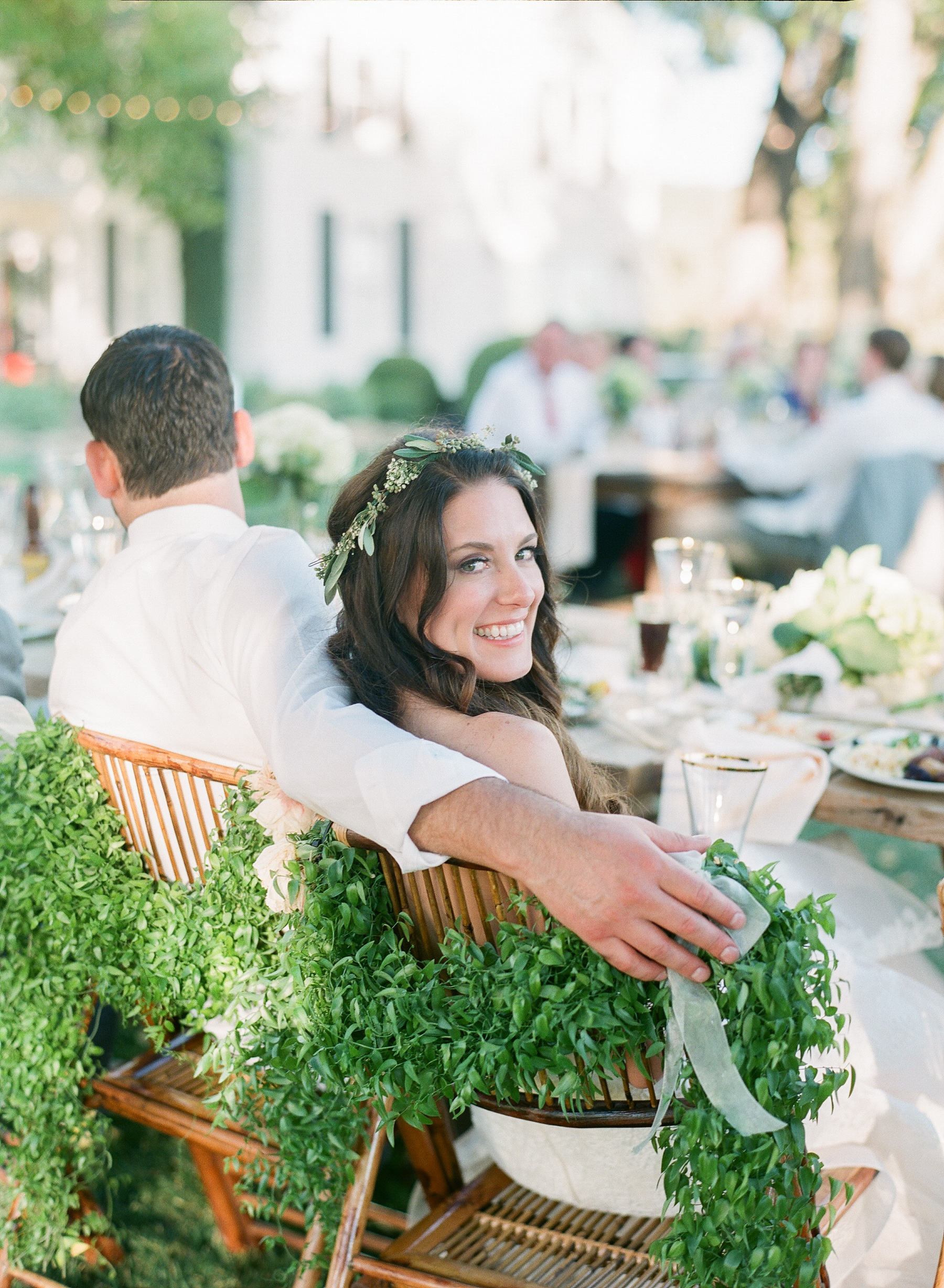 Fine Art Wedding Photographer | HammerSky Vineyards Wedding | Bride and Groom at Reception | Bride with Flower Crown | Greenery Adorned Wedding Chairs | Outdoor Wedding Reception | California Wedding | Vineyard Wedding | Wine Country Wedding | Molly Carr Photography