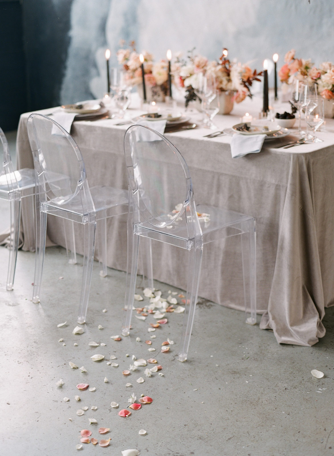 Paris Fine Art Wedding Photography | Europe Film Photographer | Winter Wedding Inspiration | Luxury Wedding Photography | Molly Carr Photography | Velvet Tablecloth with Clear Chairs
