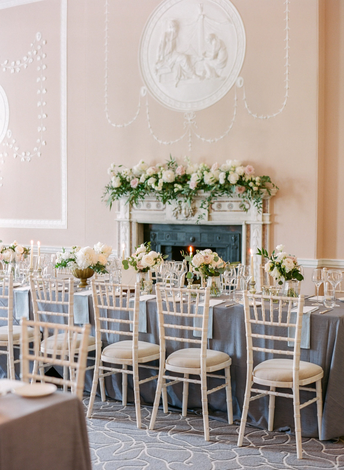 Ireland Film Photographer | Molly Carr Photography | Mount Juliet Estate Lady Helen Dining Room Wedding Reception with White Wedding Flowers and Candles